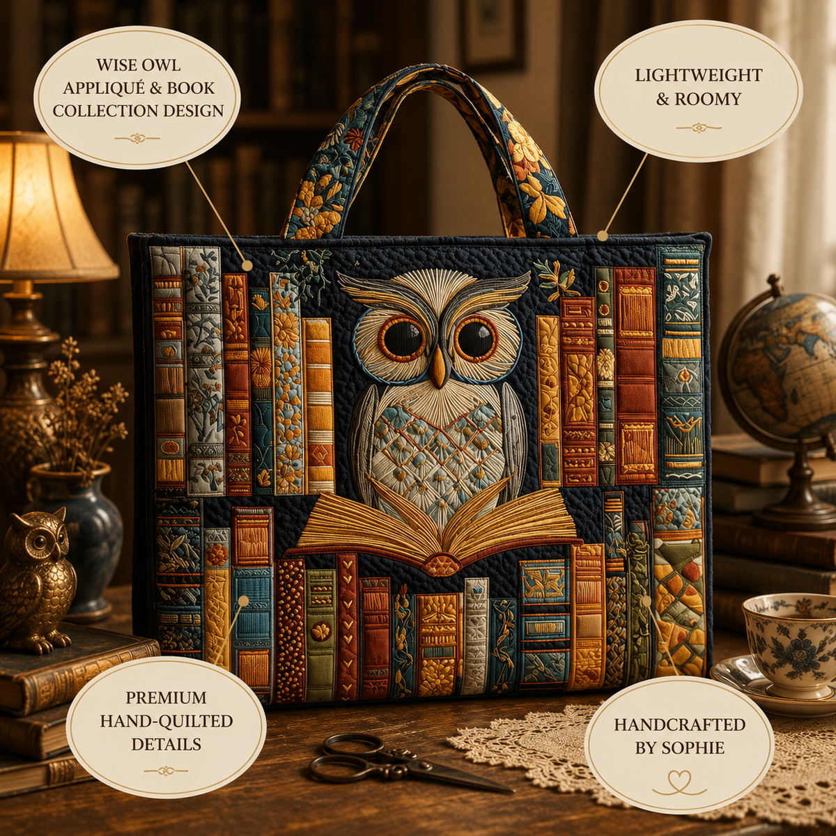 Artisan Tote - Bagoly és Vintage Könyvek
