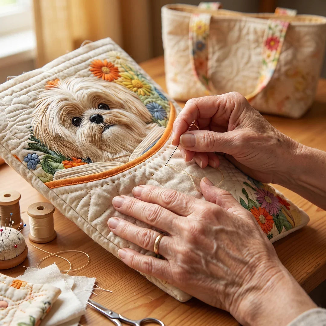 Kézműves Táska - Shih Tzu Könyvekkel és Virágokkal